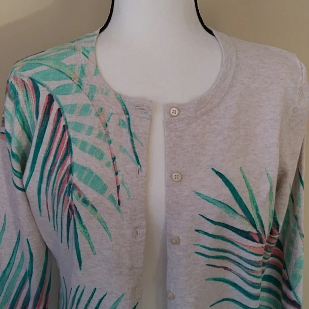 Merona Tropical Palm Leaf Print Heathered Button Up Cardigan Sweater MEDIUM Tan - Picture 5 of 15